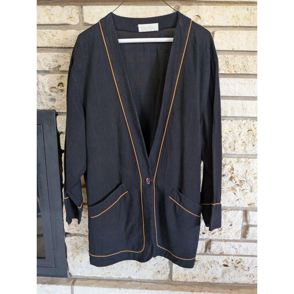 Women's Pomodoro Black Orange Trim Open Front Blazer Jacket